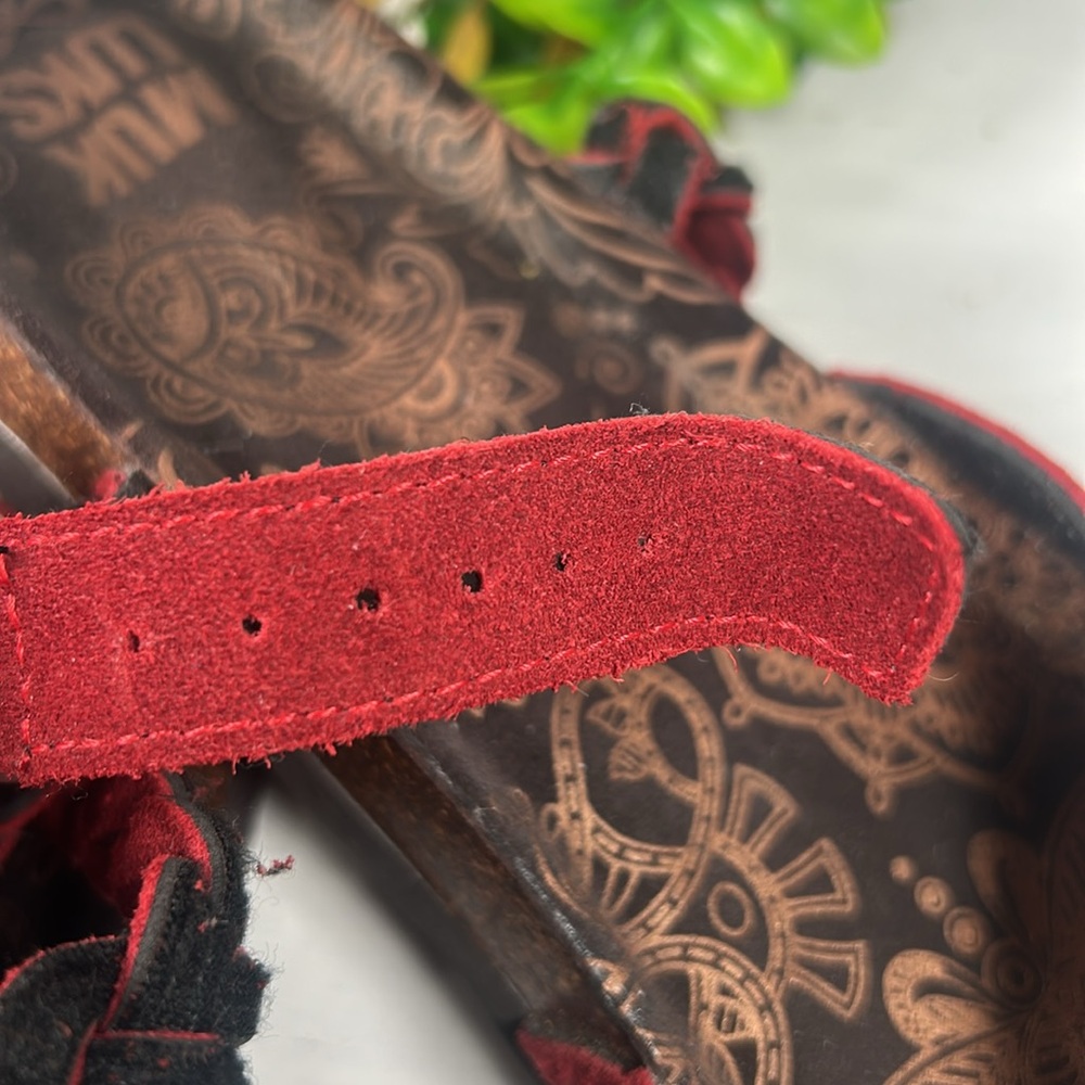 Muk Luk Ankle Wrap Toe Sandal Red Brown Cork Rubber Sole Muk Luks - Picture 9 of 10